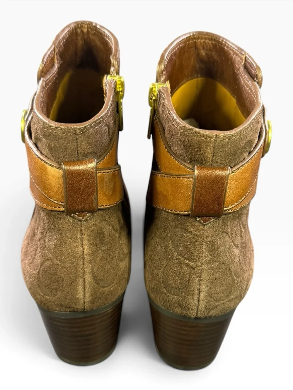 Coach Metallic Brown Leather & Suede Ankle Boot with Gold Accent